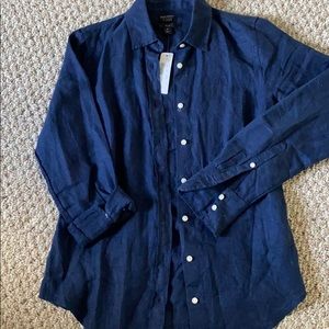 J. Crew navy blue linen long sleeved shirt.
